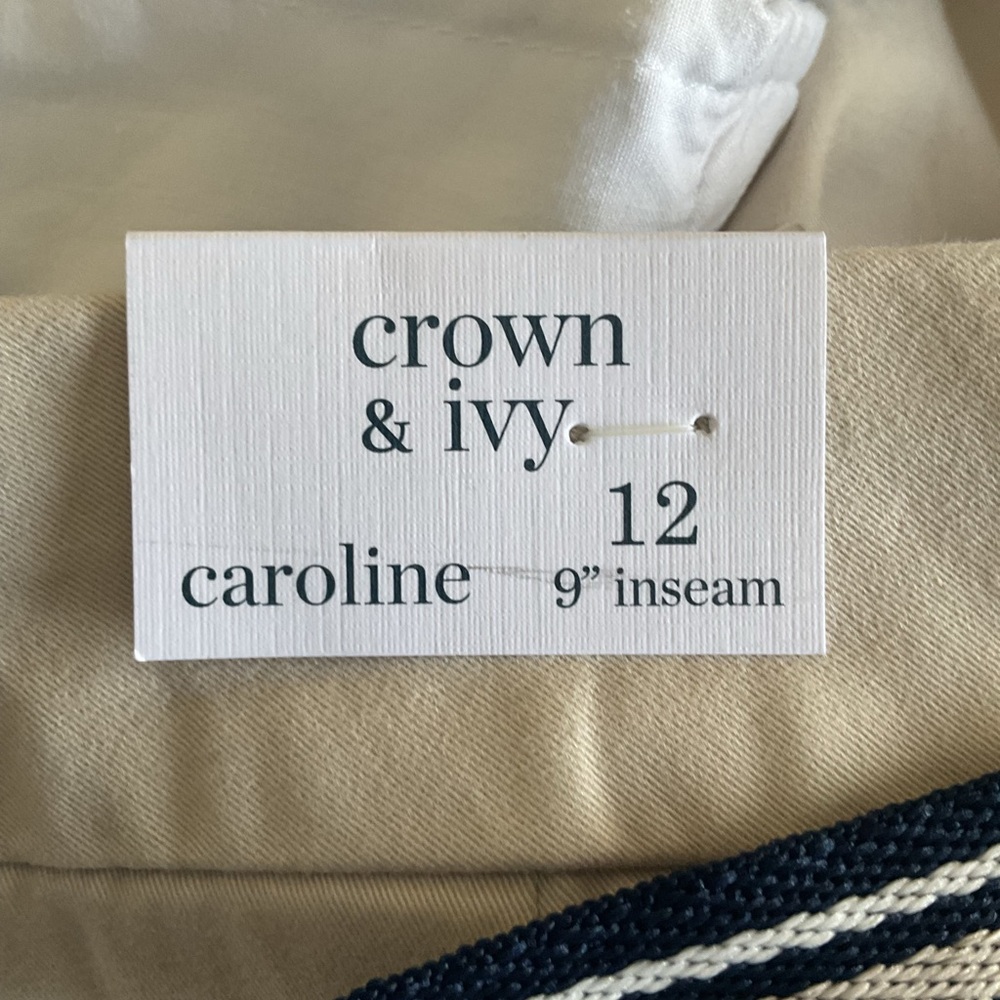 Crown & Ivy High Rise Belted Shorts Women Size 12 NWT Beige Summer Cute - Picture 7 of 10